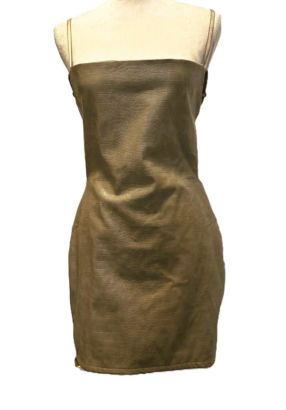NWT Bisar Tic Toc Tan Halter Faux Leather Snake Embossed Open-back Mini Dress-L